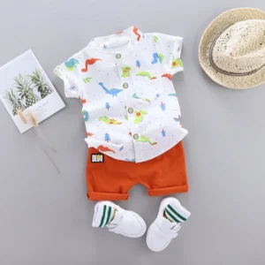 2PCS Boys Summer Little Dinosaur Print Shorts Set